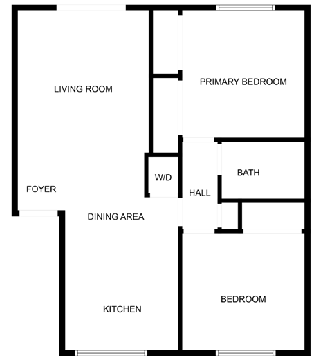 A floor plan of a house with a living room, dining area, kitchen, and bedrooms.